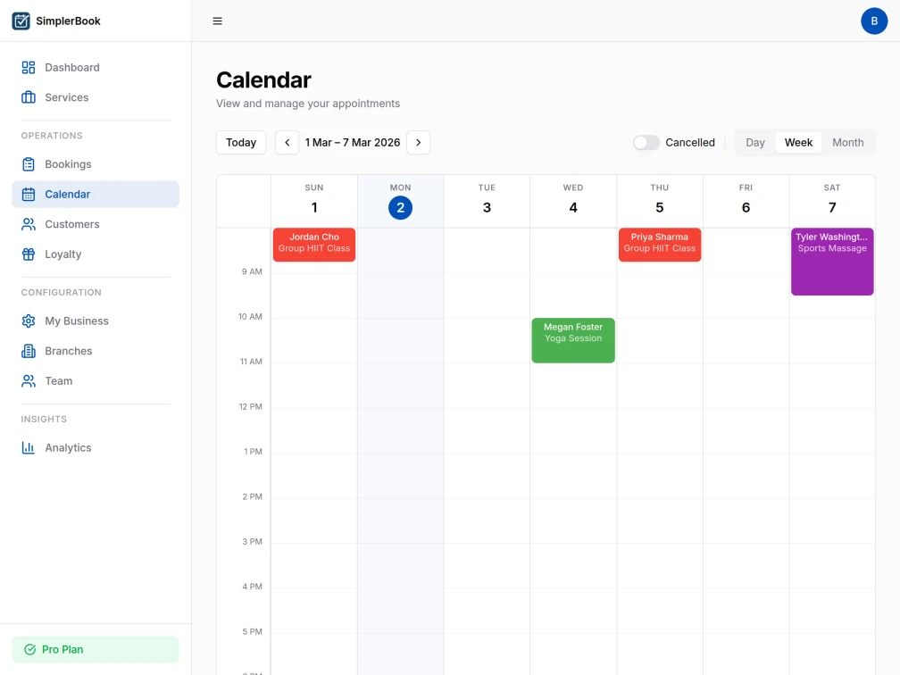 SimplerBook service booking interface showing available time slots for appointments